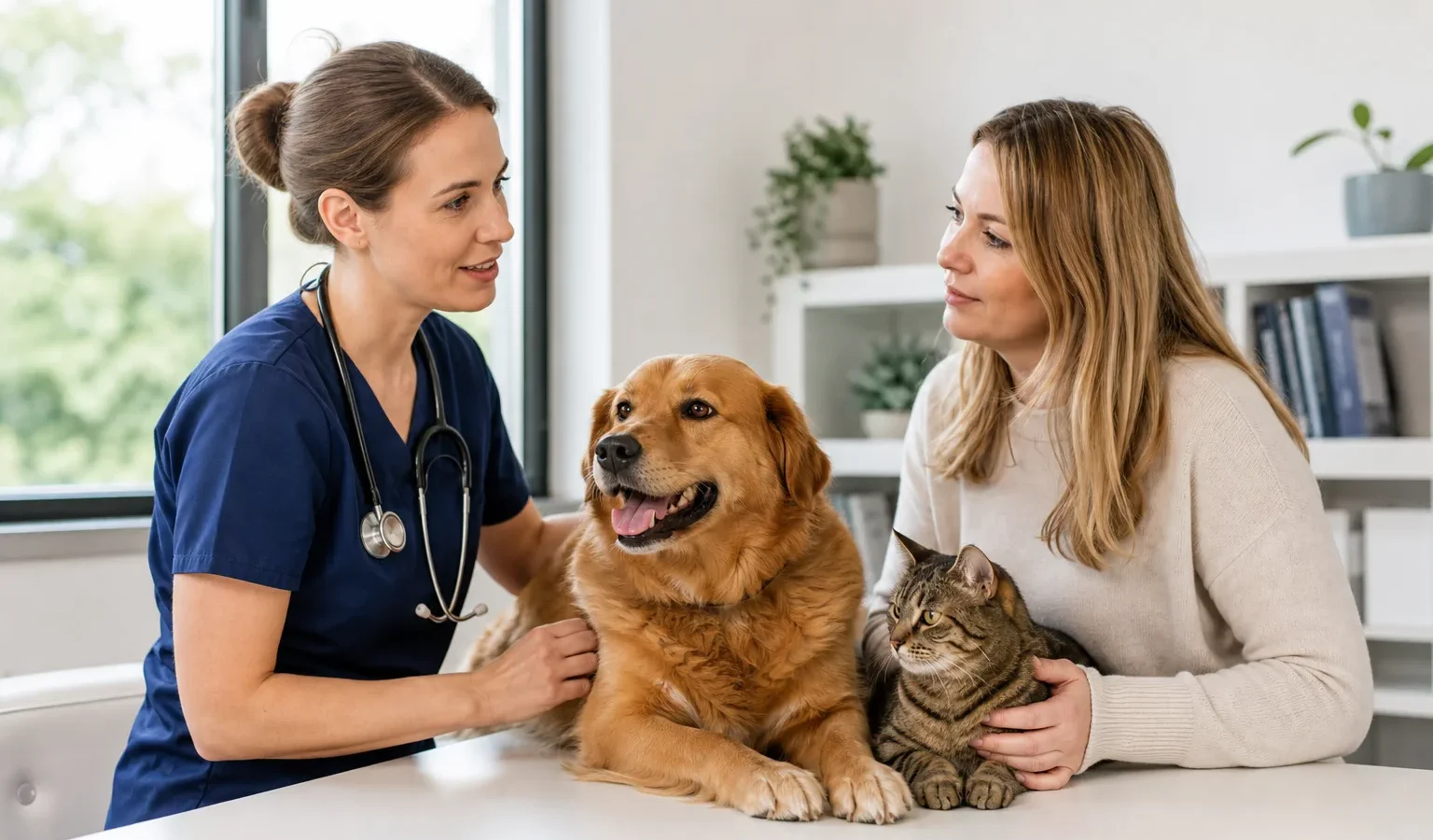 Veterinária conversando com tutora ao lado de cão e gato em consulta.