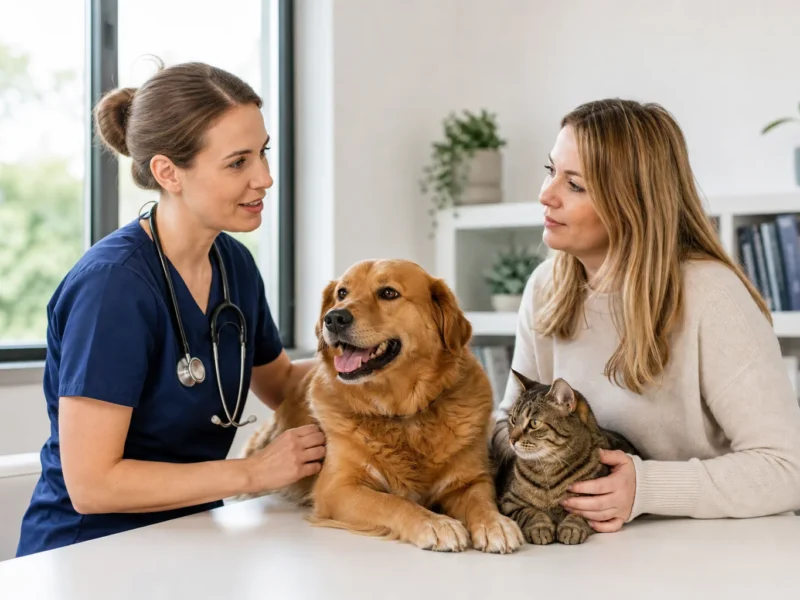Veterinária conversando com tutora ao lado de cão e gato em consulta.