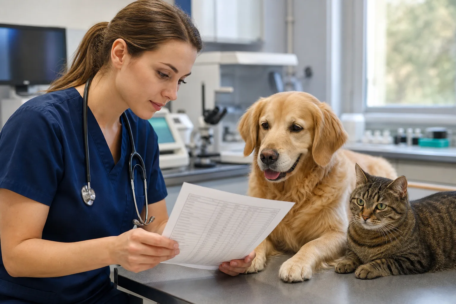 Veterinária revisando resultados de exames ao lado de cão e gato.