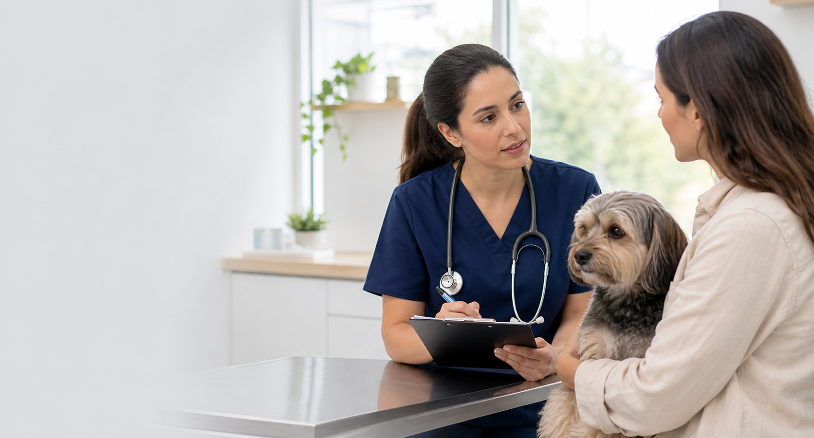 Veterinária conversa com tutora e cão durante avaliação clínica