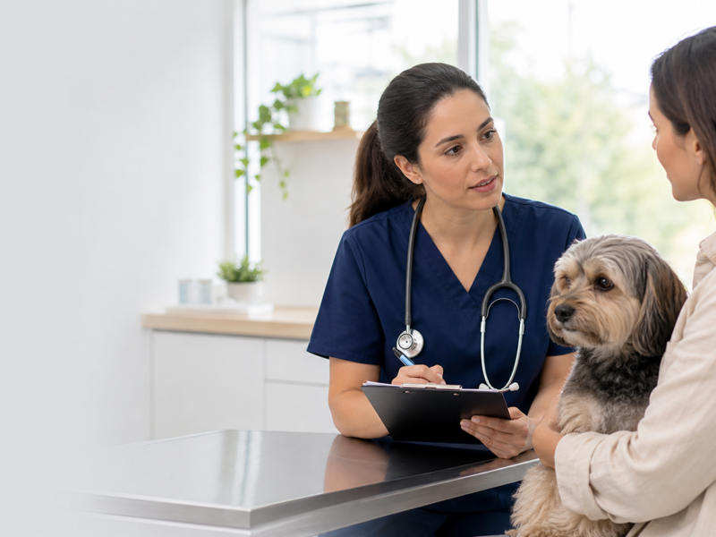 Veterinária conversa com tutora e cão durante avaliação clínica