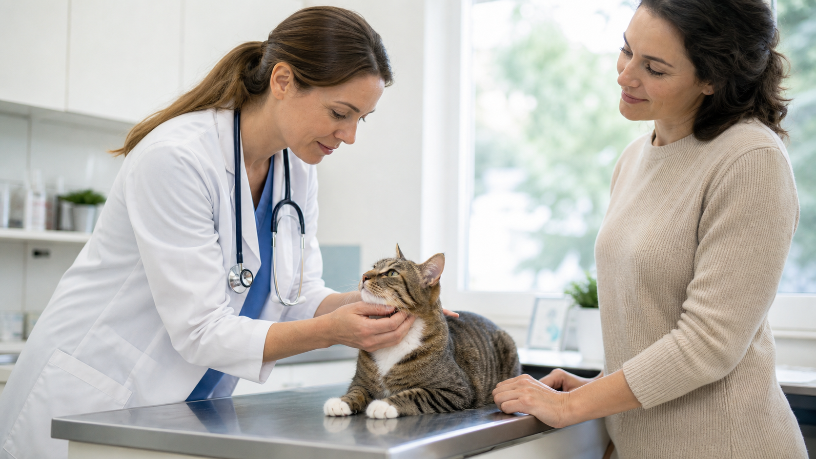 Veterinária realiza avaliação clínica de gato com tutora presente em consultório