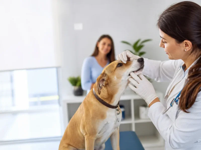 Médica veterinária avaliando a saúde oral de um cão durante consulta.