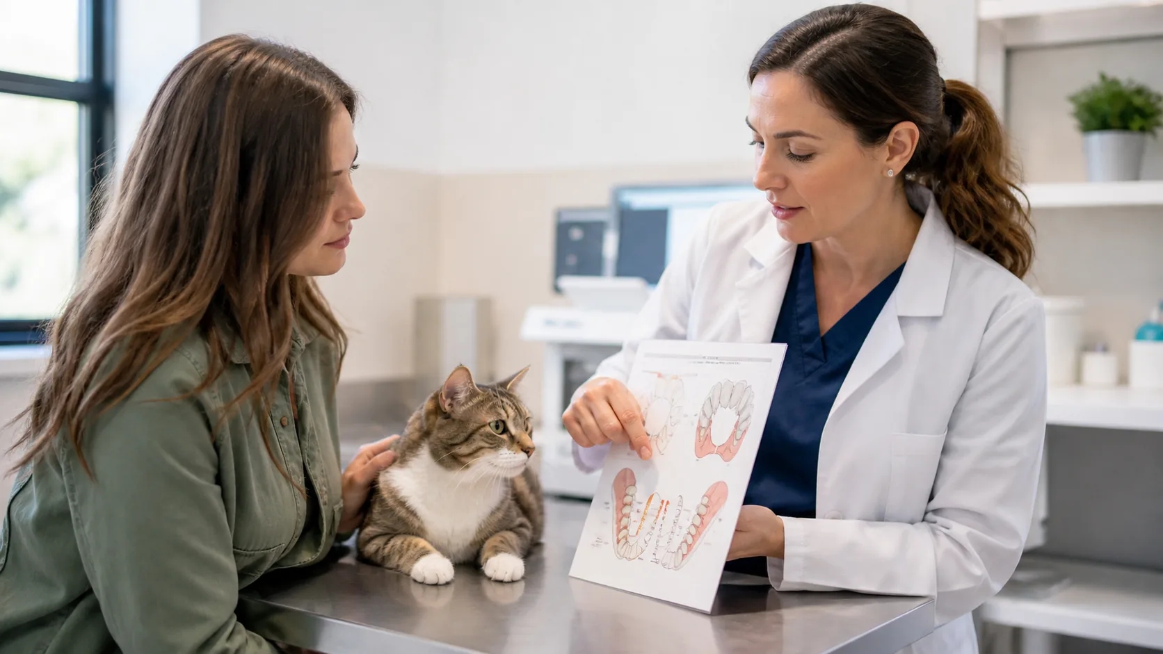 Tutora recebendo explicações sobre saúde oral de um gato em consulta veterinária.