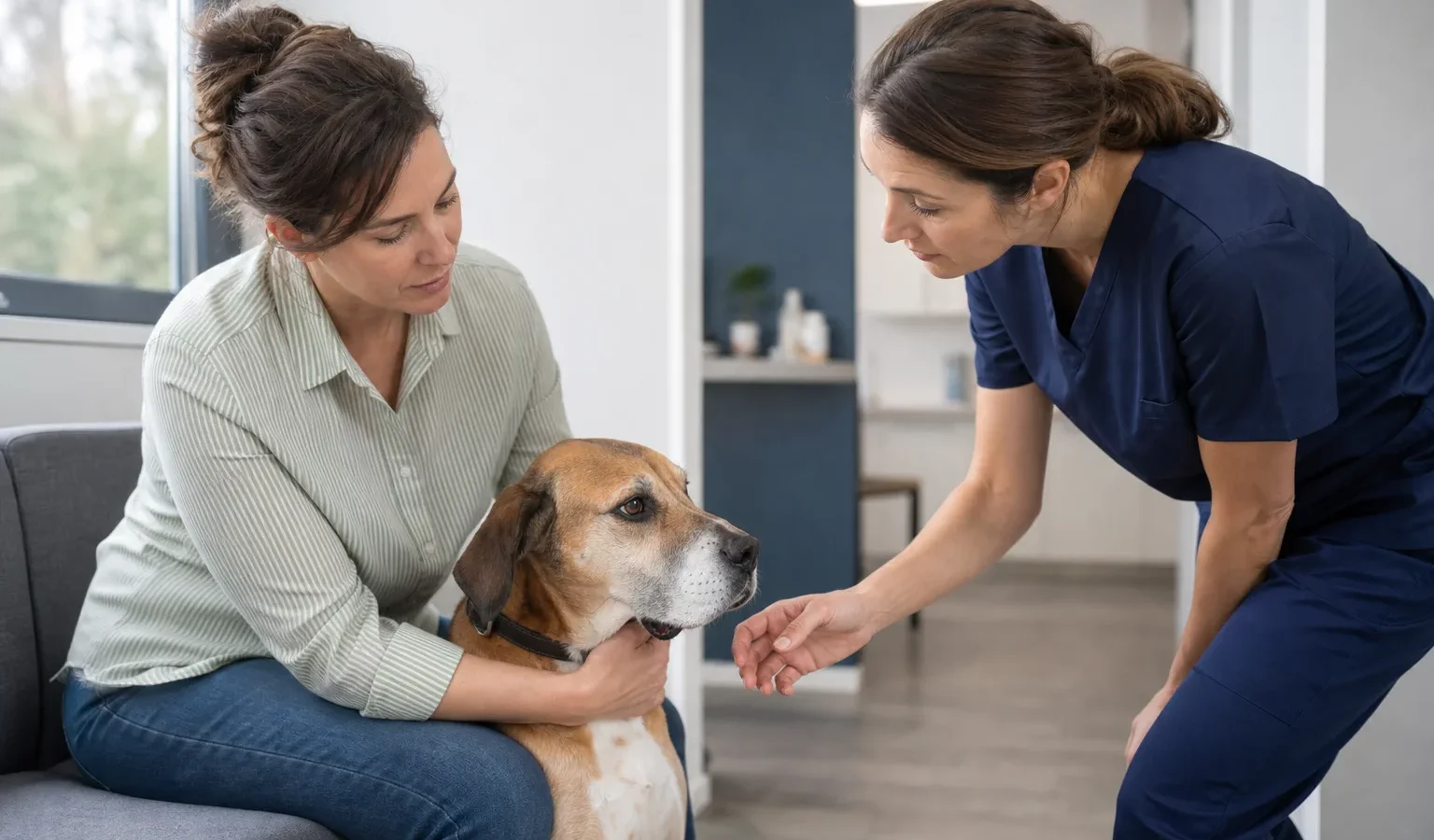 Tutora confortando cão em recepção veterinária enquanto profissional se aproxima.