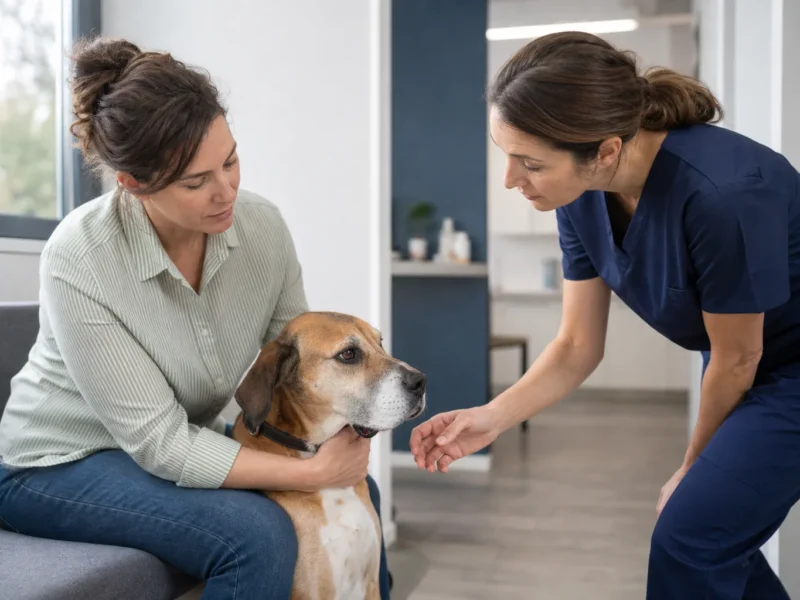 Tutora confortando cão em recepção veterinária enquanto profissional se aproxima.
