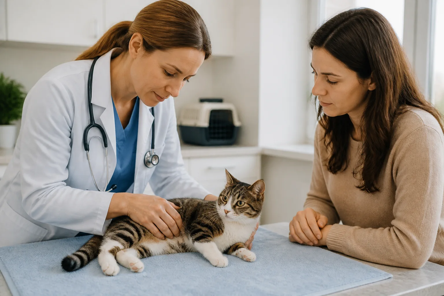 Veterinária examinando gato em consulta com tutora presente.