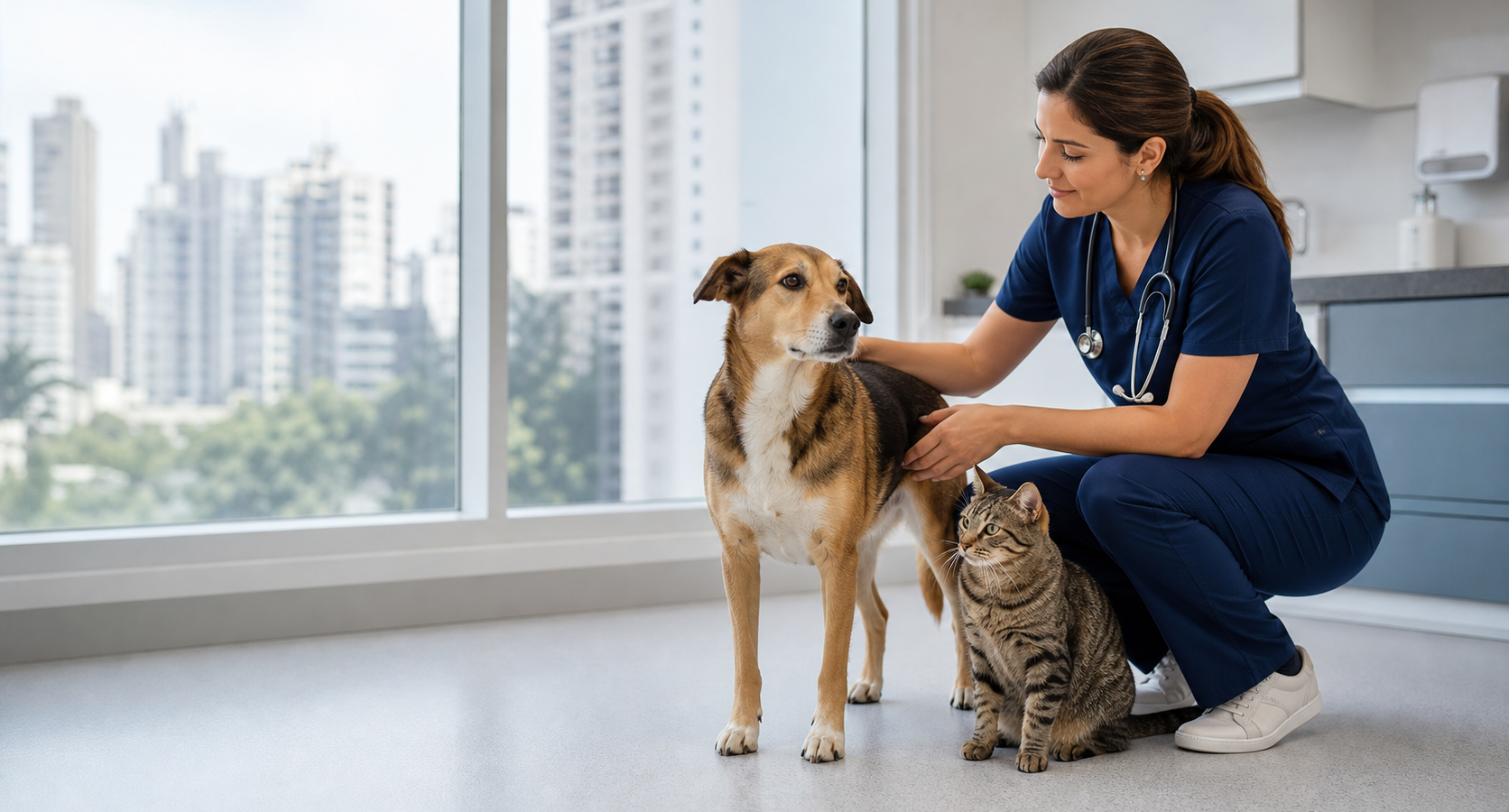 Veterinária observa postura de cão e gato durante avaliação de sinais de dor