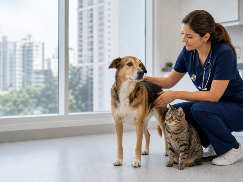 Veterinária observa postura de cão e gato durante avaliação de sinais de dor