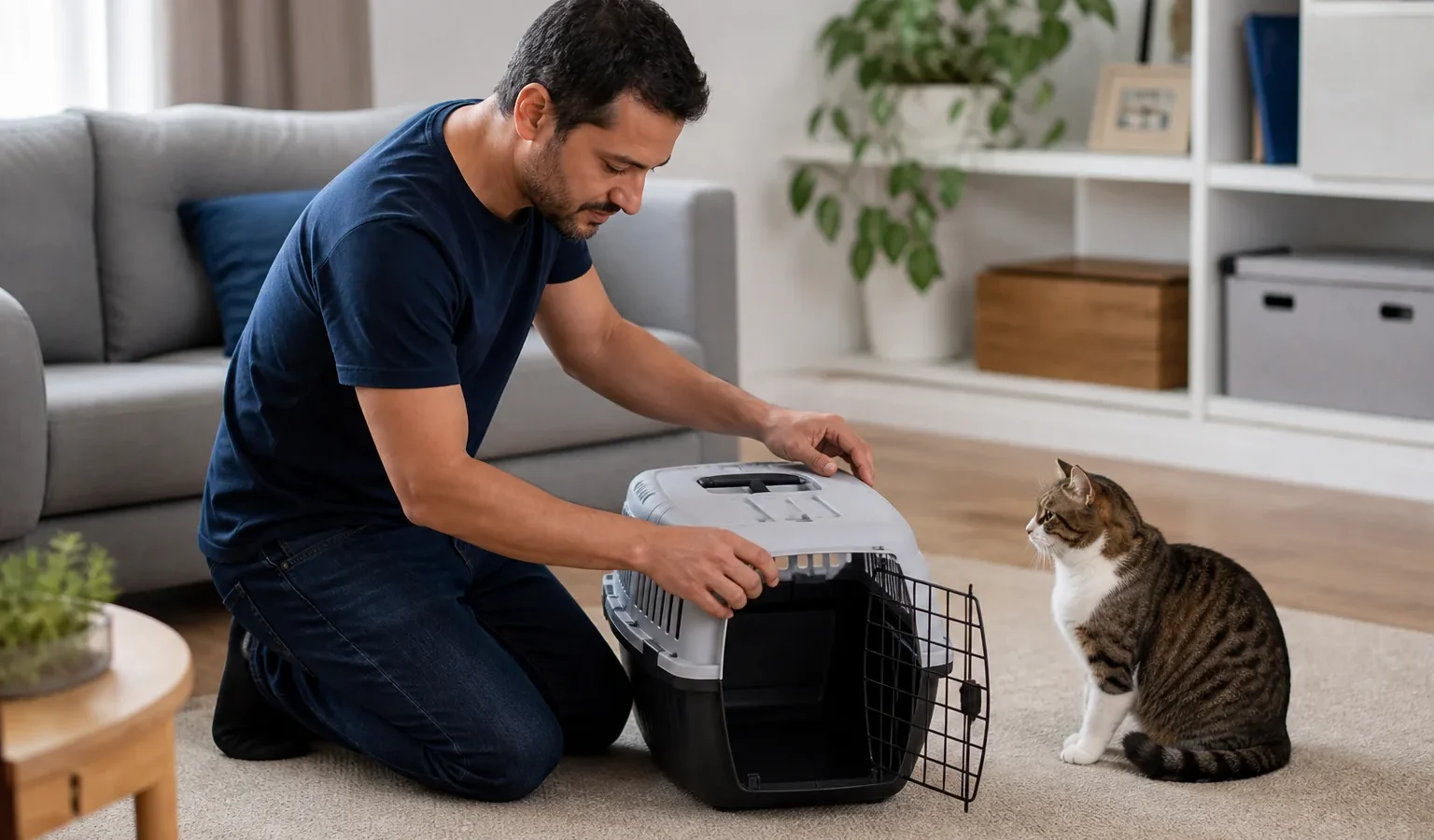 Tutora preparando caixa de transporte para levar gato com sinais urinários ao veterinário.