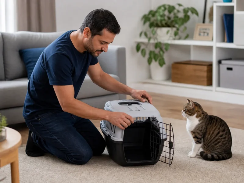 Tutora preparando caixa de transporte para levar gato com sinais urinários ao veterinário.