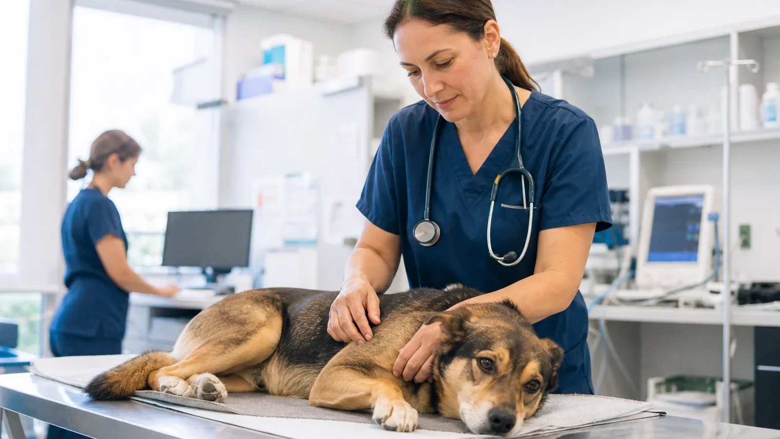 Veterinária avaliando cão com segurança em triagem de emergência.