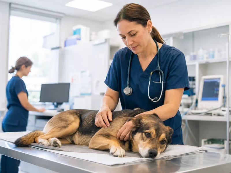 Veterinária avaliando cão com segurança em triagem de emergência.