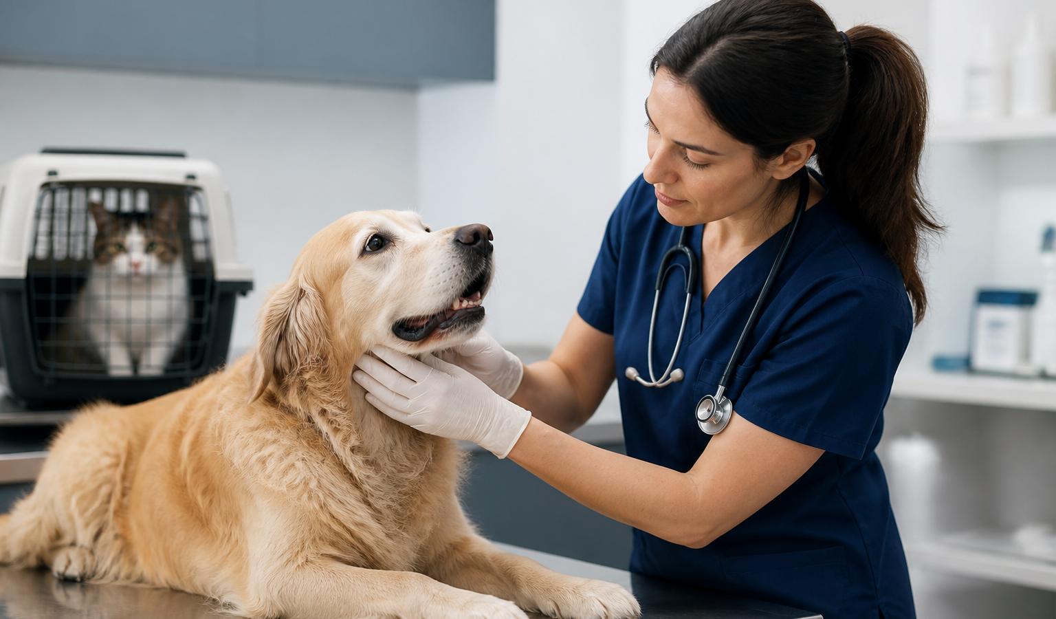 Médica veterinária examinando cão em atendimento de emergência