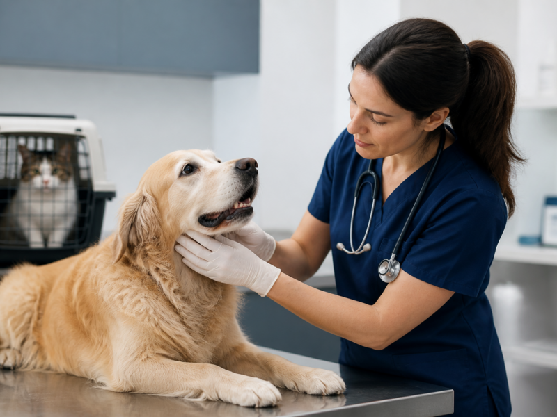 Médica veterinária examinando cão em atendimento de emergência