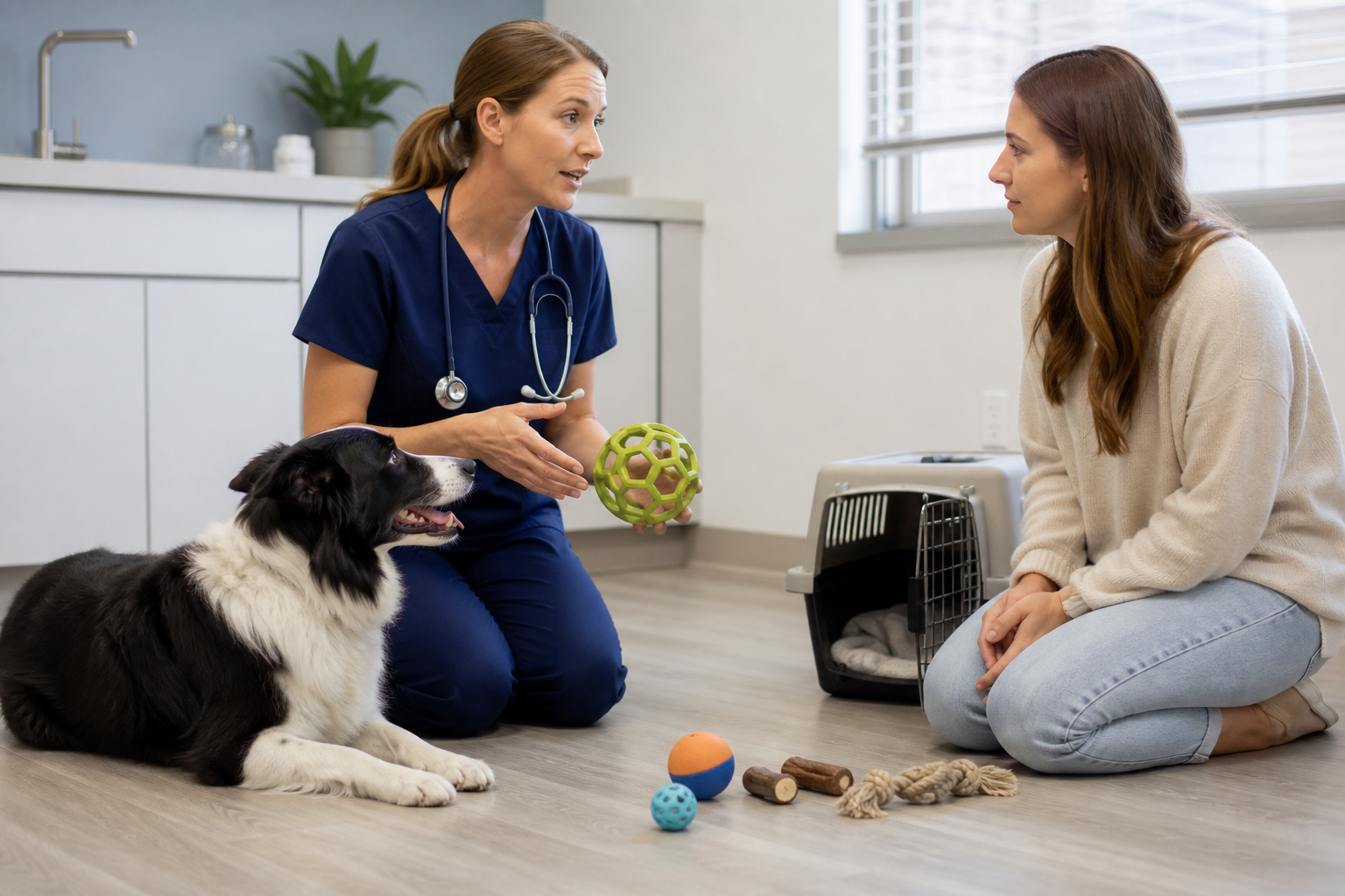 Veterinária orientando tutor sobre prevenção de engasgos em cães e gatos