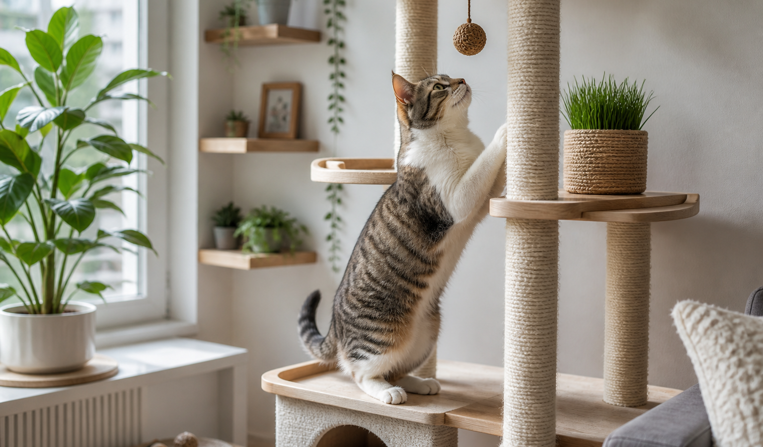 Gato explorando árvore e arranhador em ambiente enriquecido