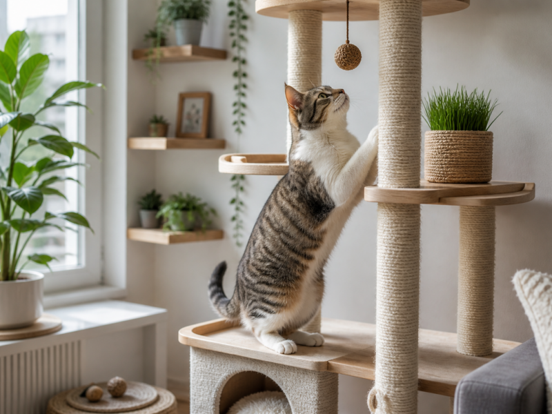 Gato explorando árvore e arranhador em ambiente enriquecido