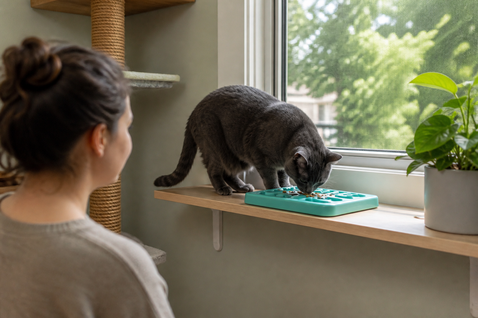 Gato usando brinquedo de alimentação em prateleira segura