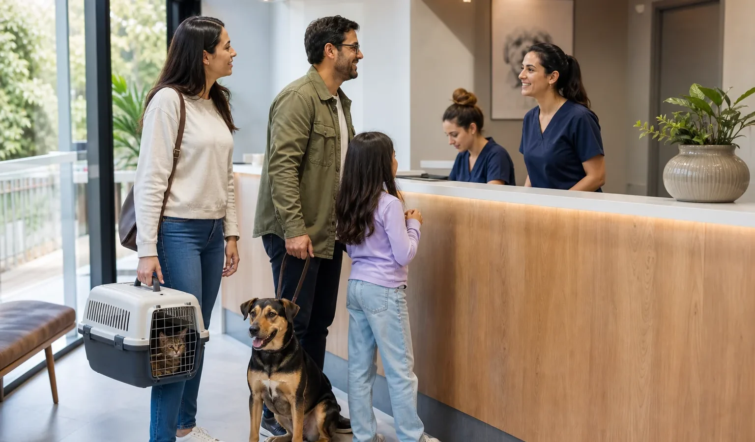Família chegando a uma clínica veterinária com cão e gato.