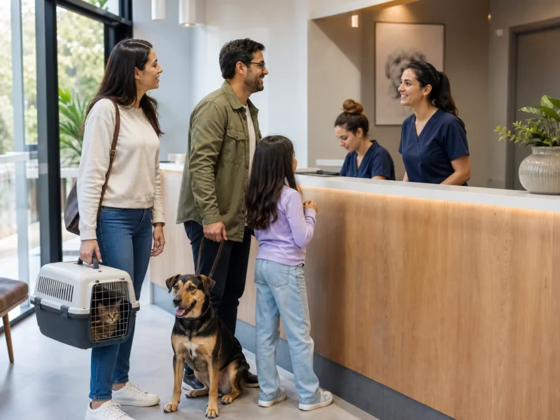 Família chegando a uma clínica veterinária com cão e gato.