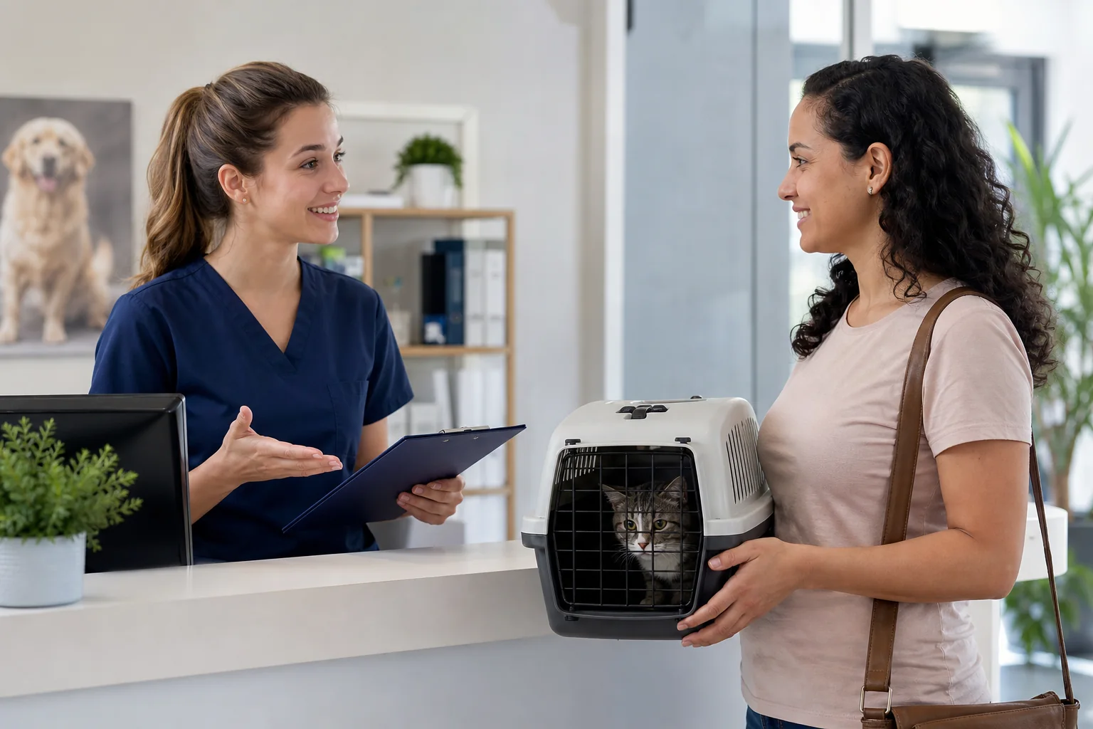 Profissional explicando informações de atendimento veterinário a uma tutora.