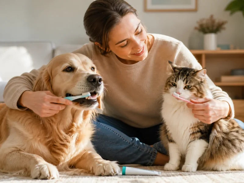 Tutor iniciando rotina tranquila de escovação dental com cão e gato.