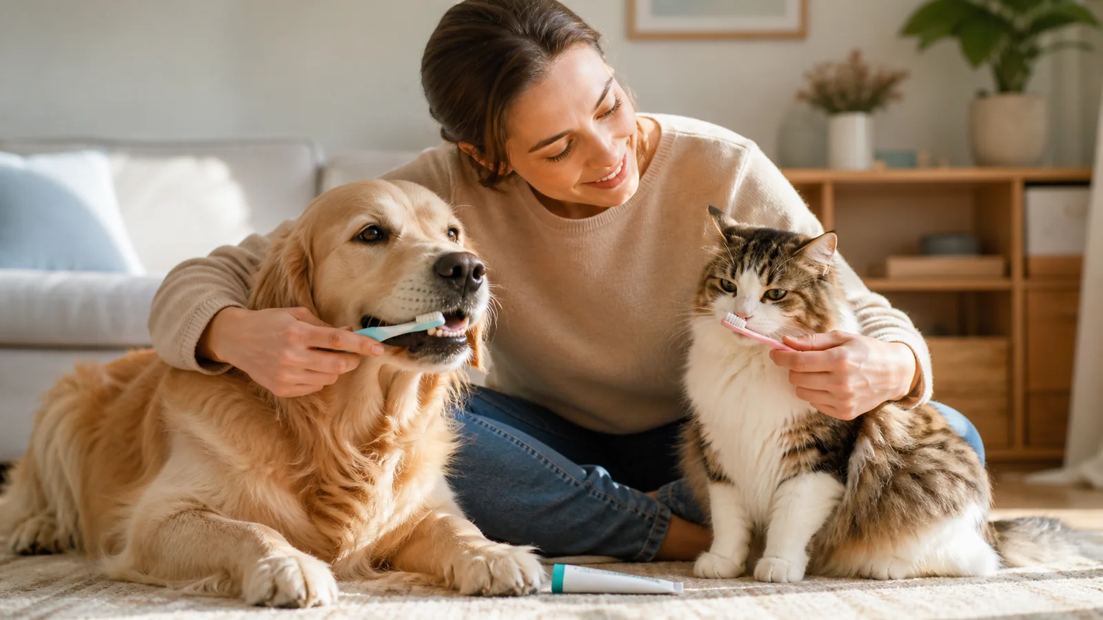 Tutor iniciando rotina tranquila de escovação dental com cão e gato.