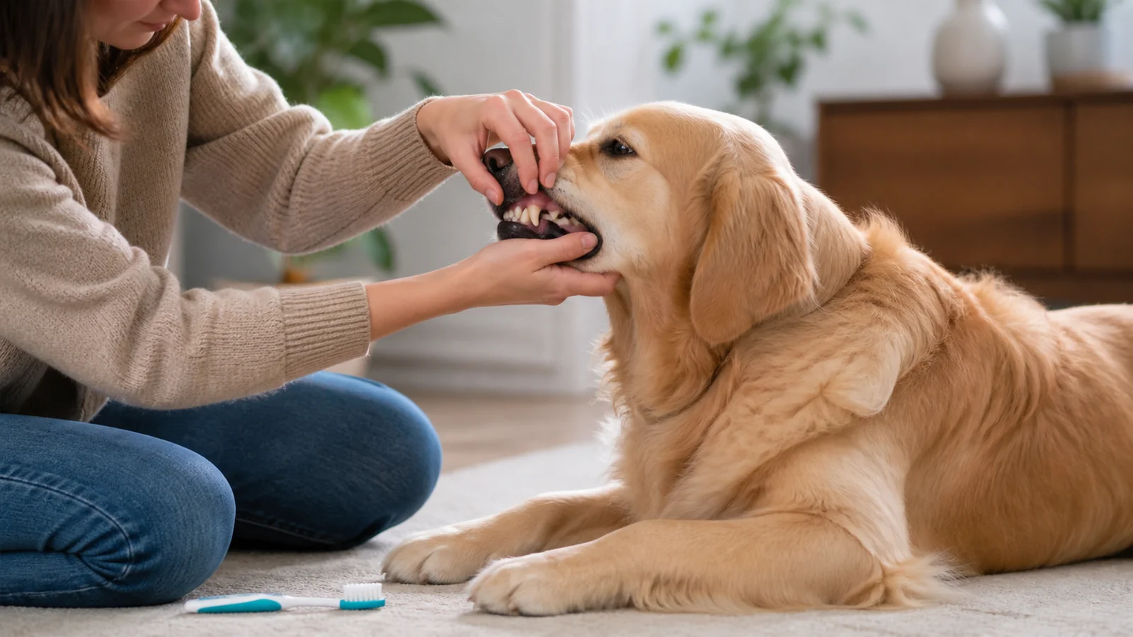 Tutor observando dentes de cão antes de escovação dental suave.