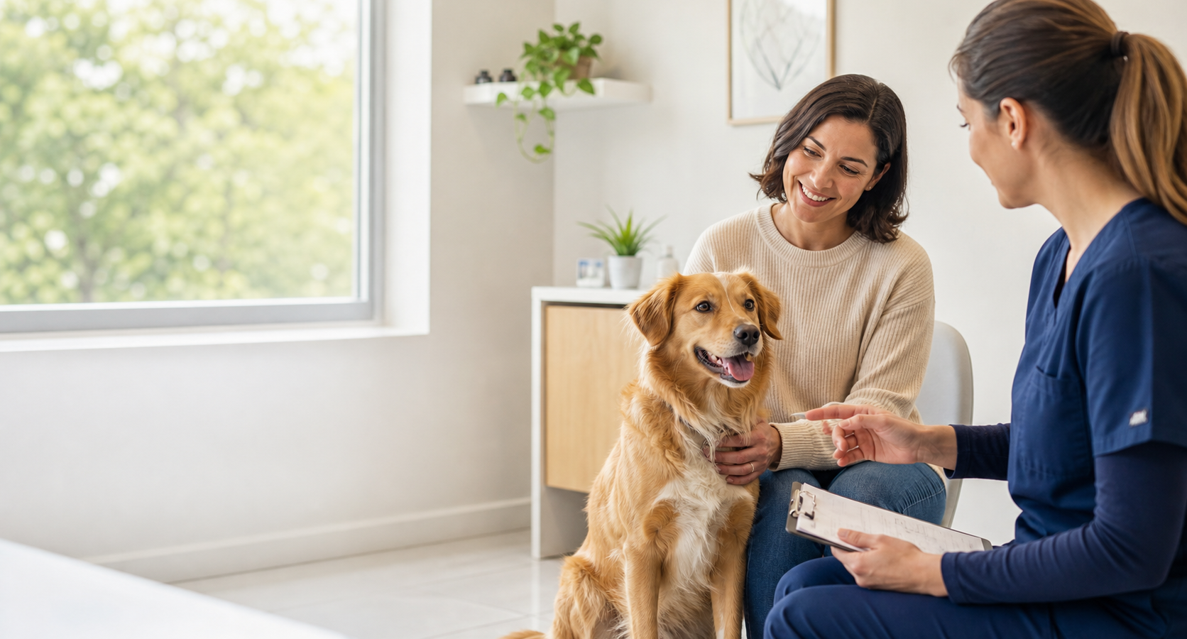 Tutora conversa com veterinária enquanto cão aguarda preparo para exame de sangue