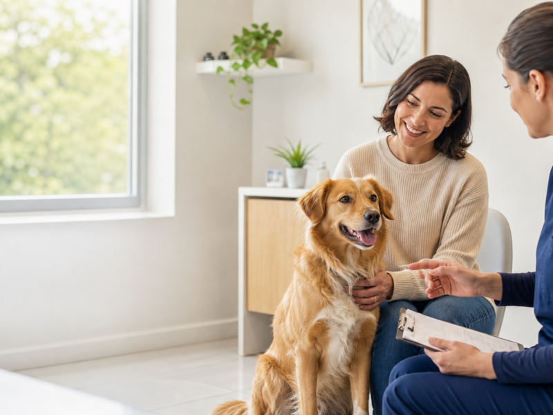 Tutora conversa com veterinária enquanto cão aguarda preparo para exame de sangue