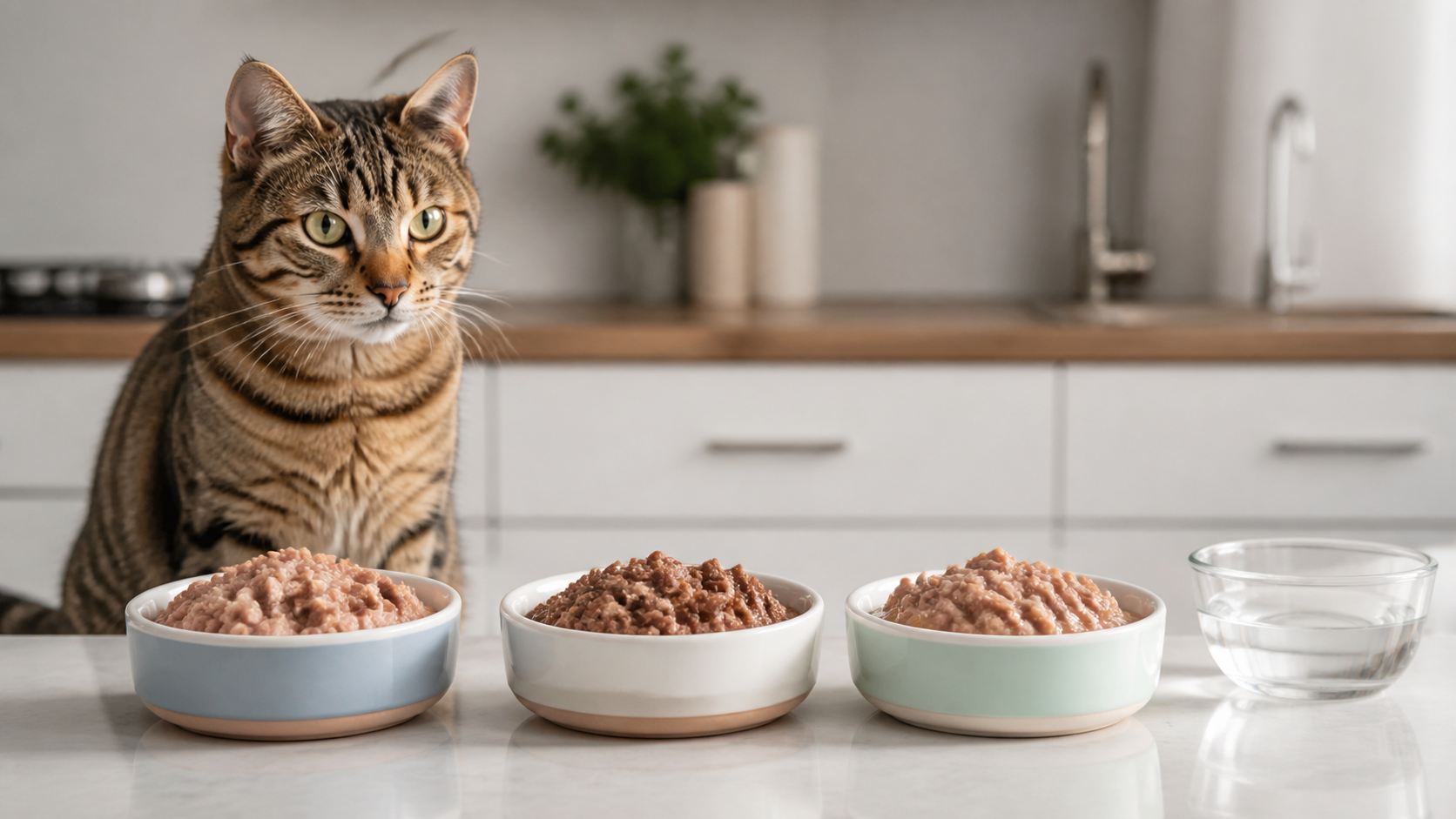 Alimento ?mido e ?gua fresca organizados para gato em cozinha limpa