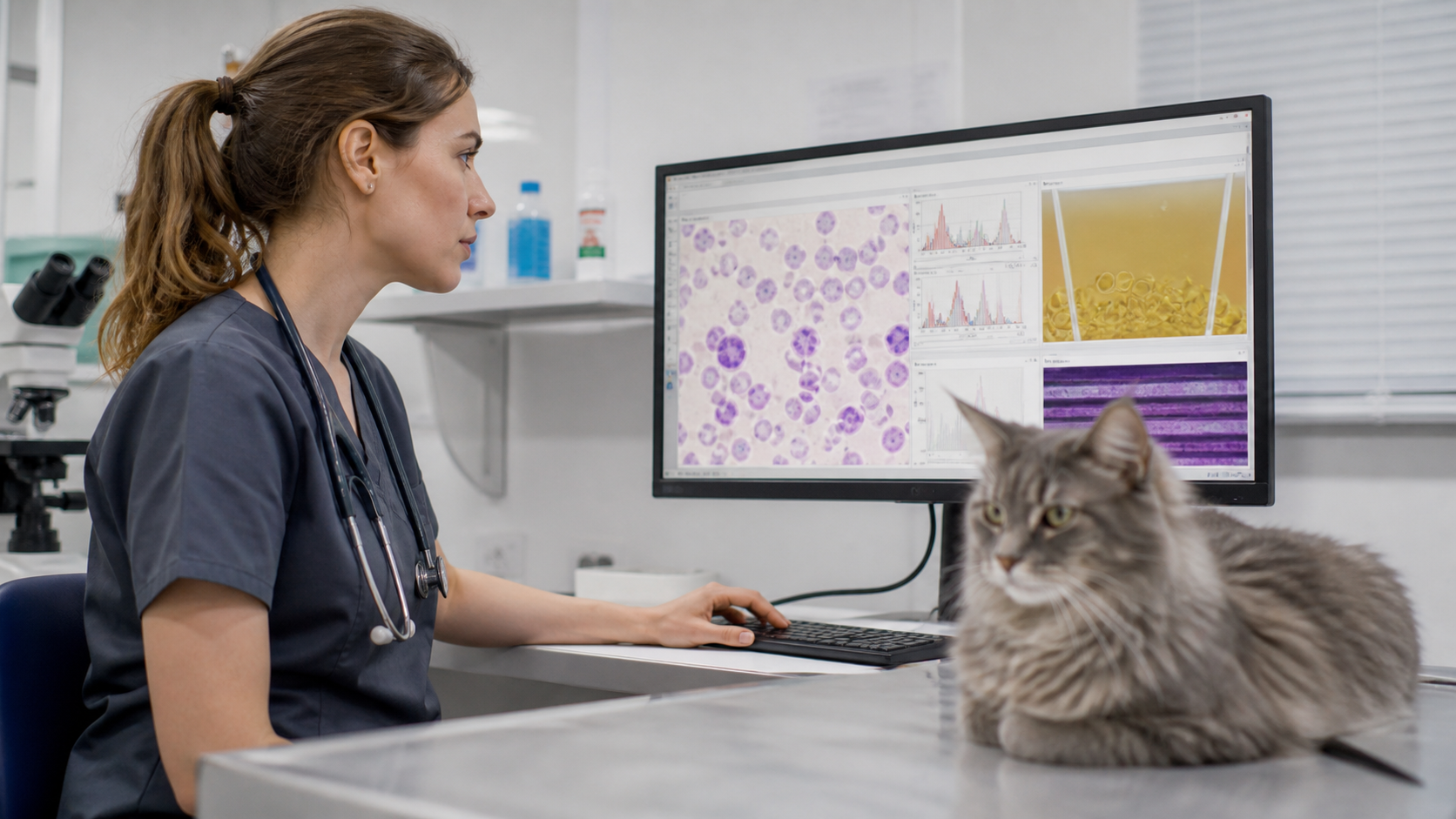 Veterin?ria analisando exames de sangue e urina de gato para investiga??o renal