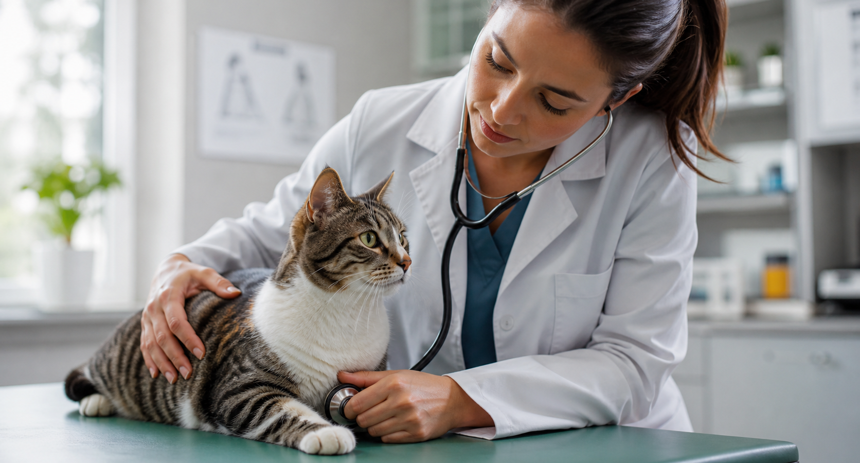 Gato adulto sendo examinado por veterin?ria durante investiga??o de doen?a renal cr?nica em gatos