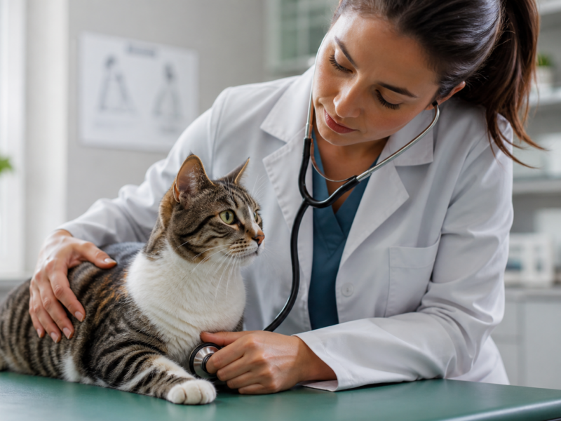 Gato adulto sendo examinado por veterin?ria durante investiga??o de doen?a renal cr?nica em gatos