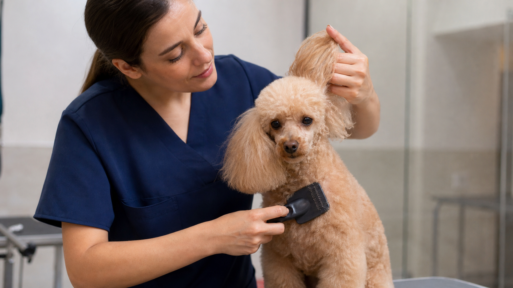 Profissional escovando a pelagem e avaliando as orelhas de um Poodle