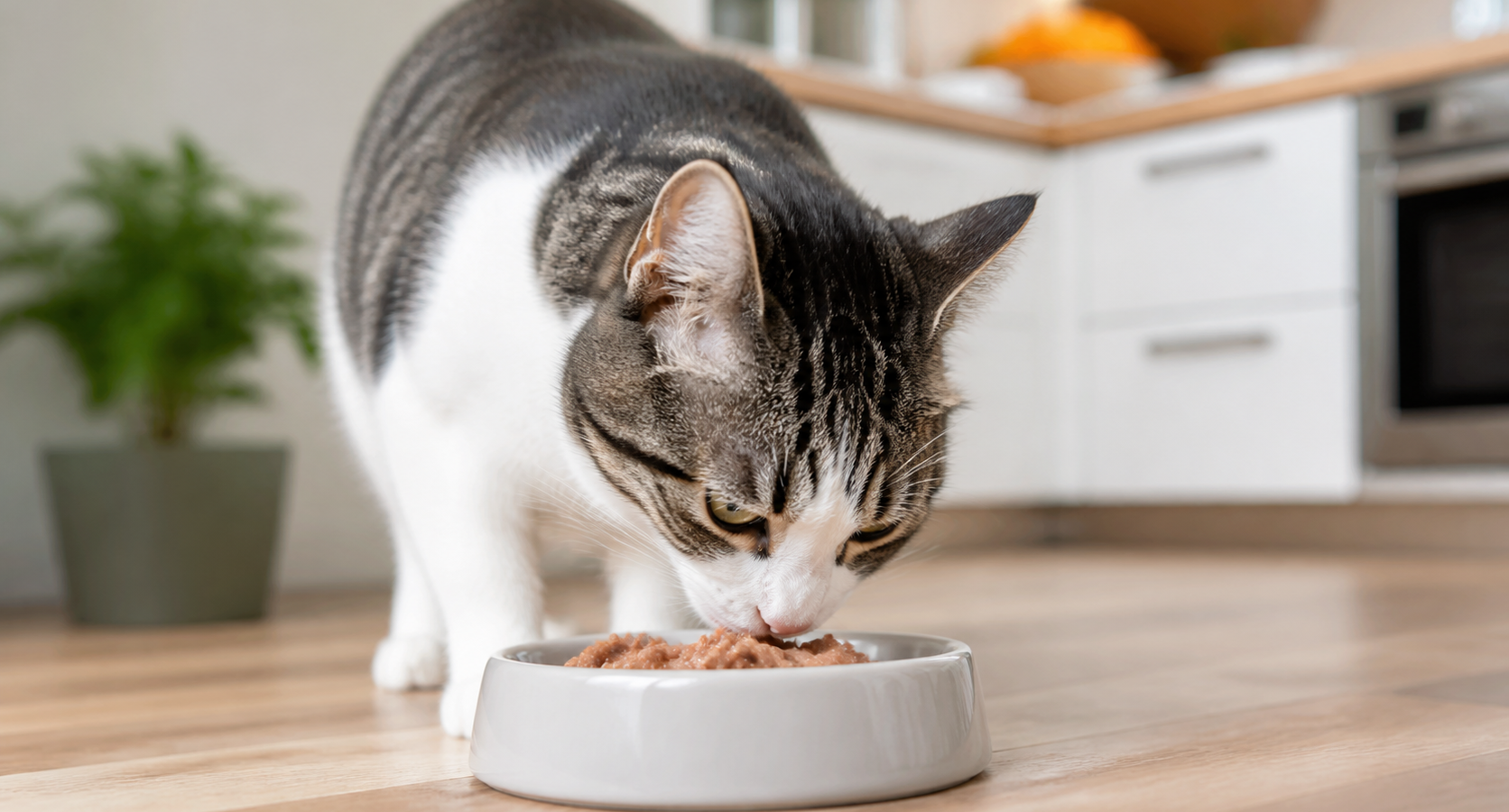 Gato recebendo alimento ?mido em tigela limpa em ambiente dom?stico