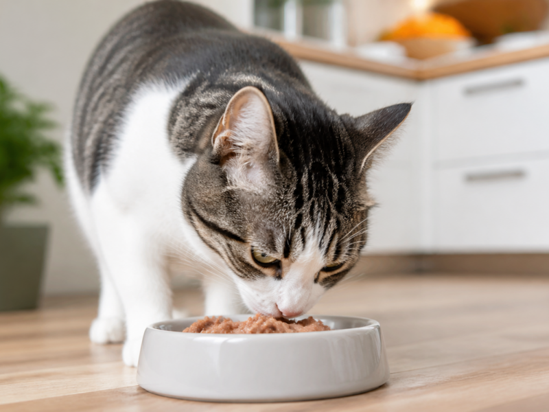 Gato recebendo alimento ?mido em tigela limpa em ambiente dom?stico