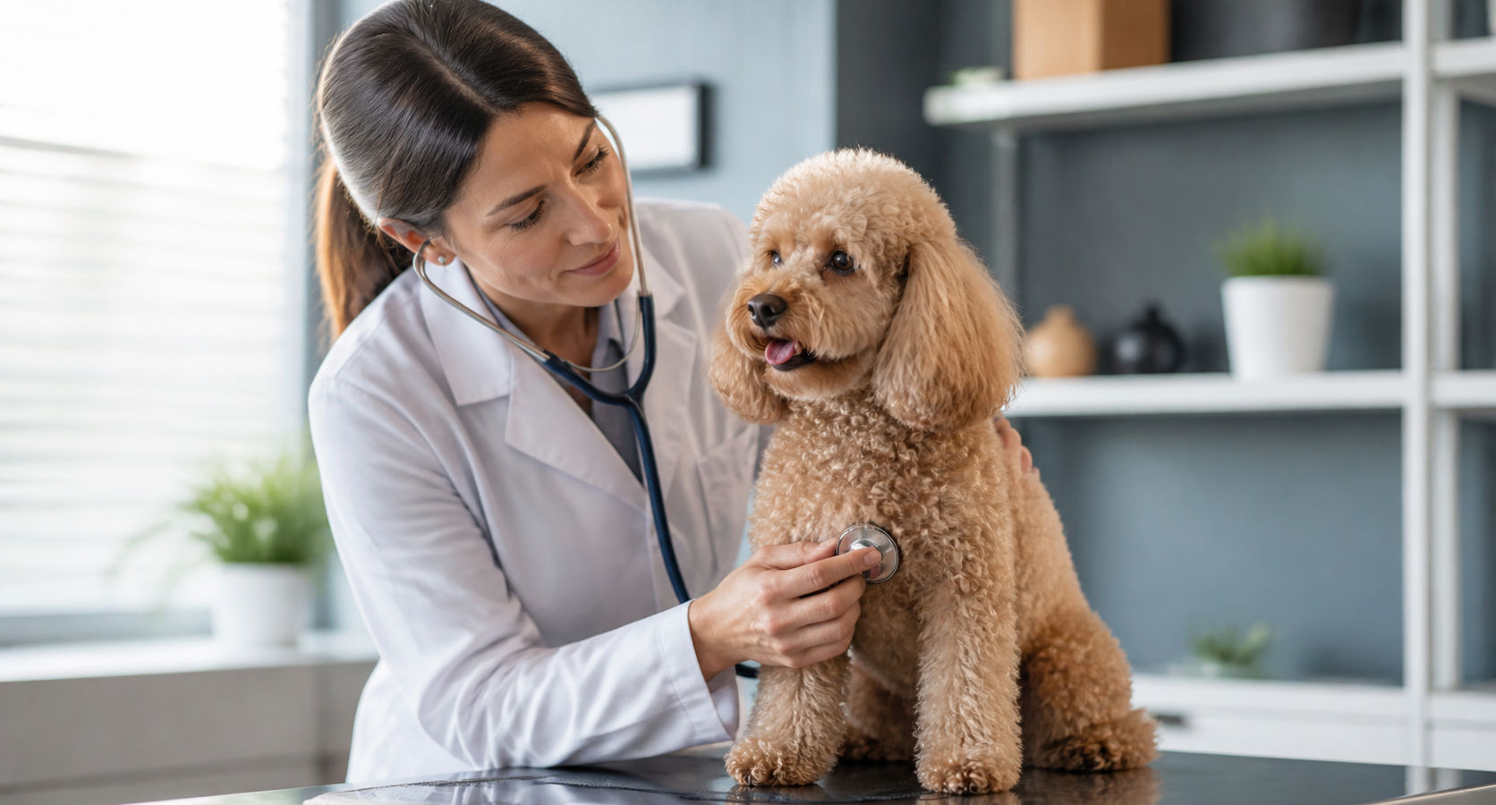 Poodle adulto sendo examinado por m?dica veterin?ria em consulta