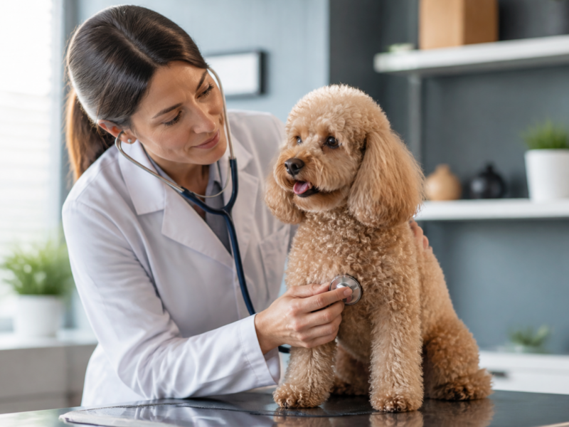 Poodle adulto sendo examinado por m?dica veterin?ria em consulta