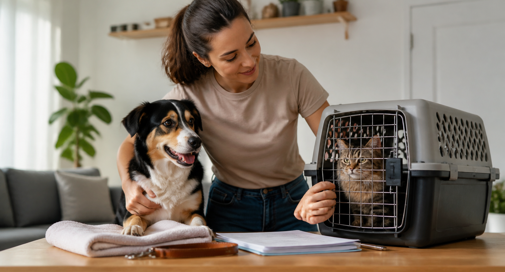 Tutora preparando c?o e gato para consulta veterin?ria com caixa de transporte e documentos