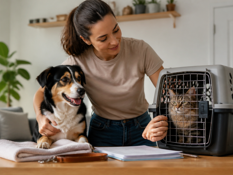 Tutora preparando c?o e gato para consulta veterin?ria com caixa de transporte e documentos
