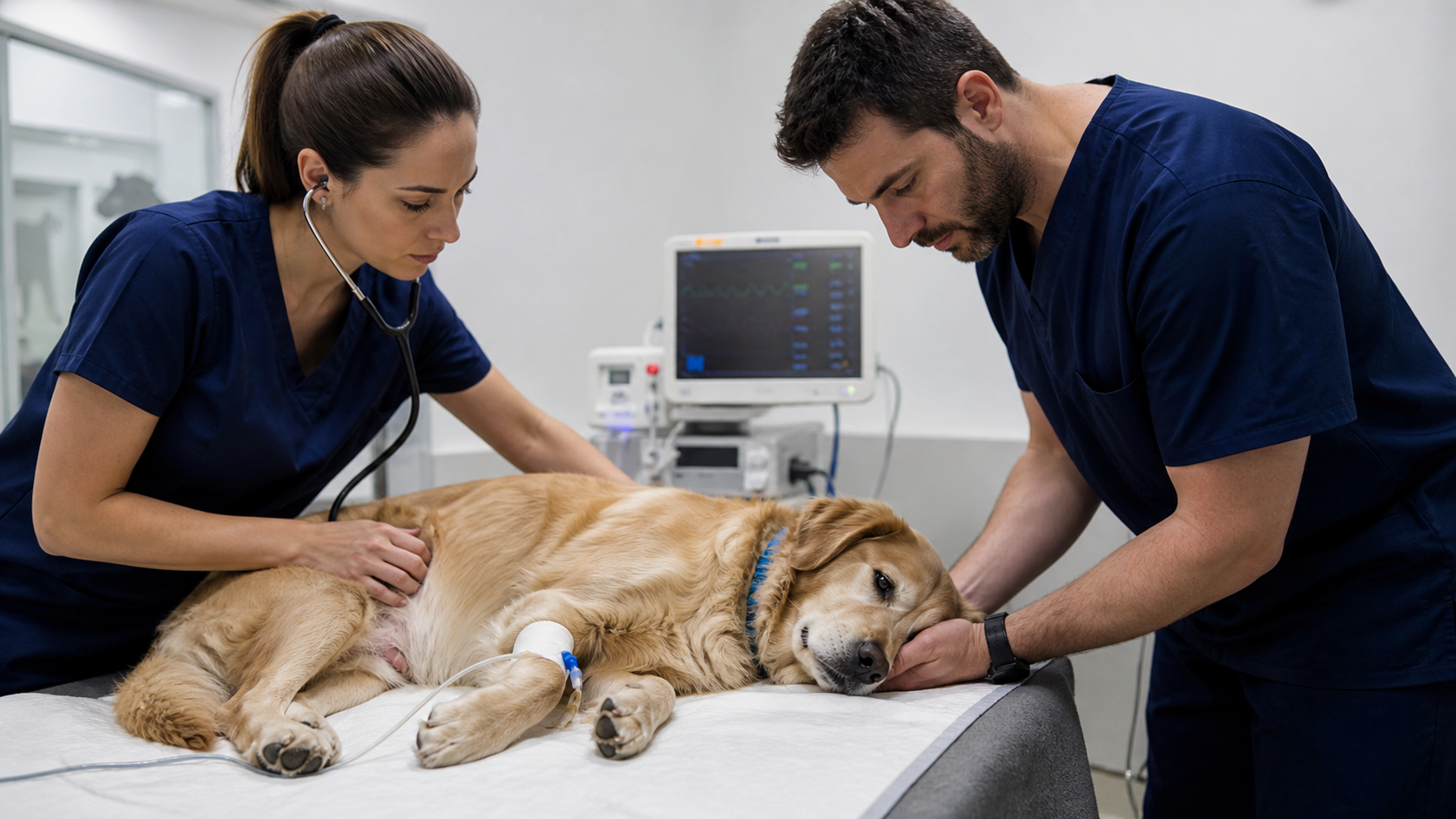 Equipe veterin?ria avaliando c?o com dor abdominal em atendimento de emerg?ncia
