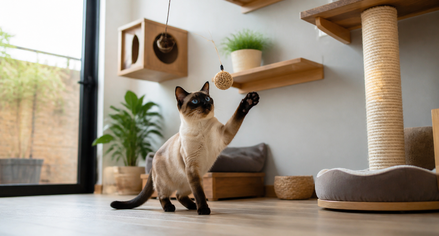 Gato Siam?s brincando em ambiente dom?stico enriquecido