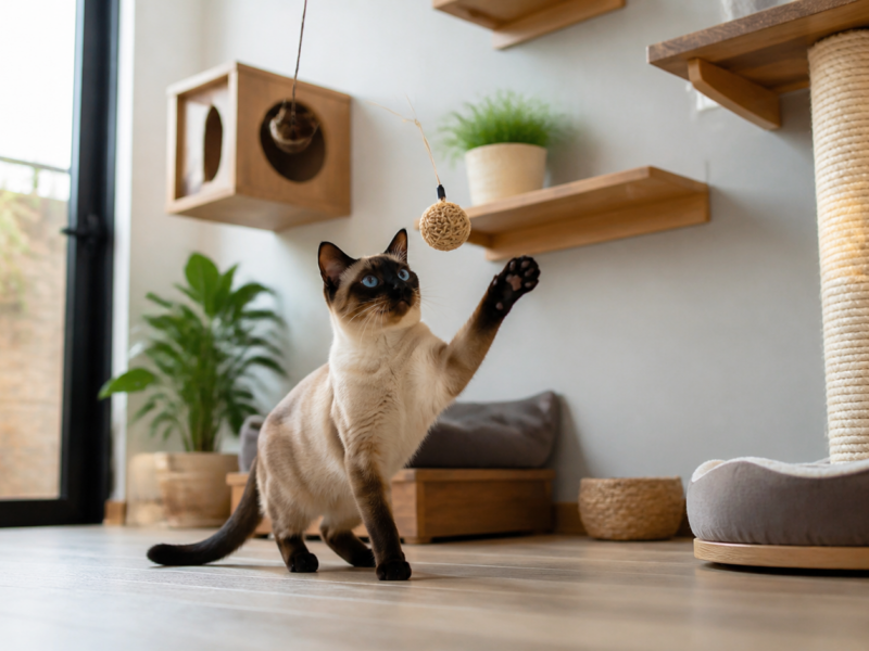 Gato Siam?s brincando em ambiente dom?stico enriquecido