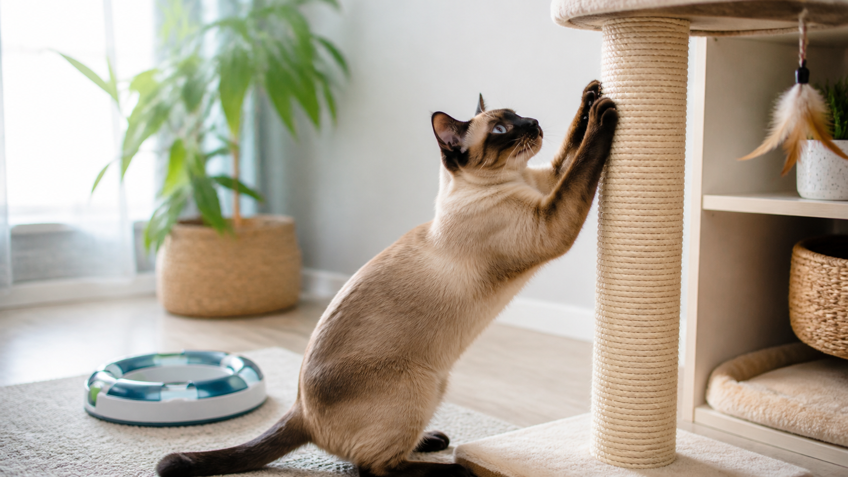 Gato Siam?s usando arranhador e brinquedo interativo em ambiente seguro