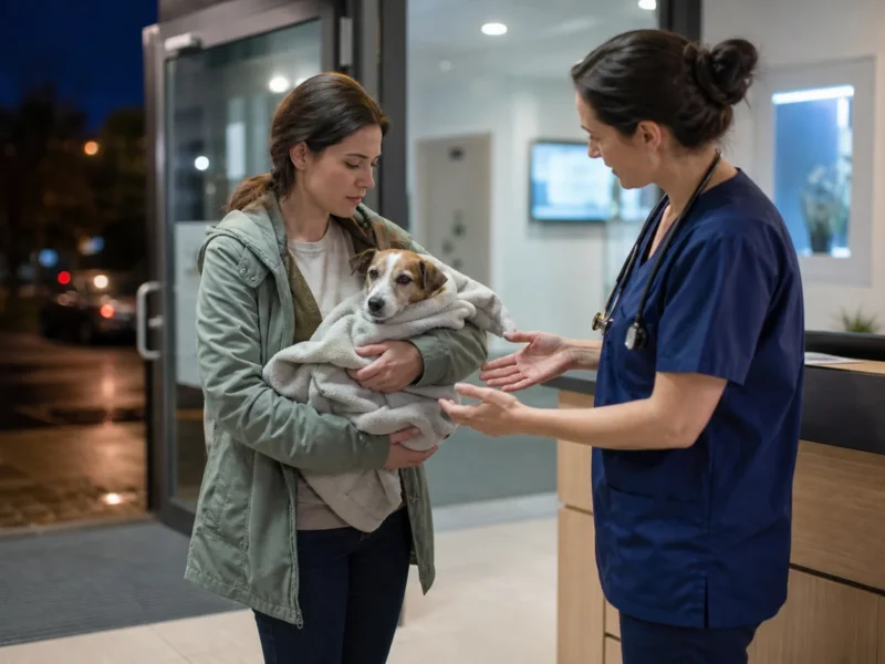 Tutora transportando cão com segurança para atendimento veterinário.