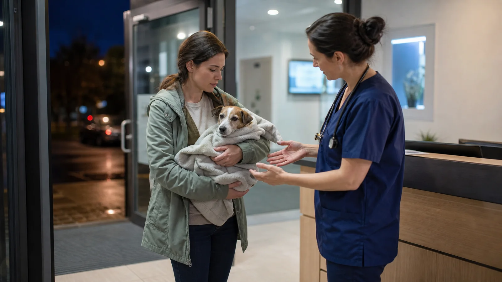 Tutora transportando cão com segurança para atendimento veterinário.