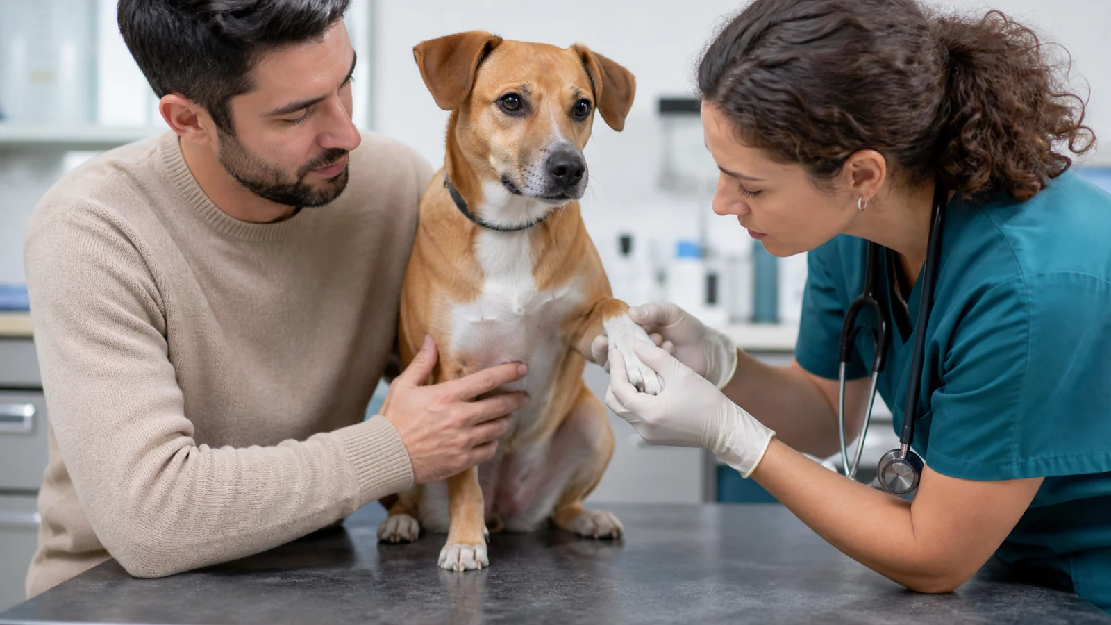 Veterinária avaliando pata de cão com tutora presente.