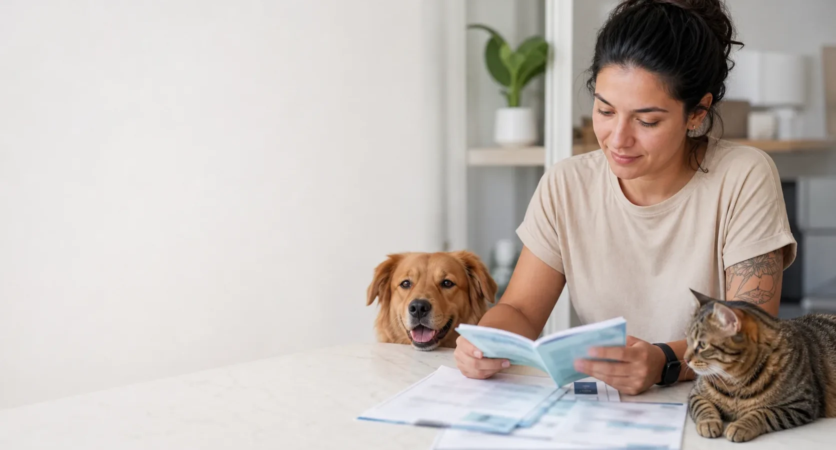 Tutora organizando documentos de saúde de um cão e um gato.